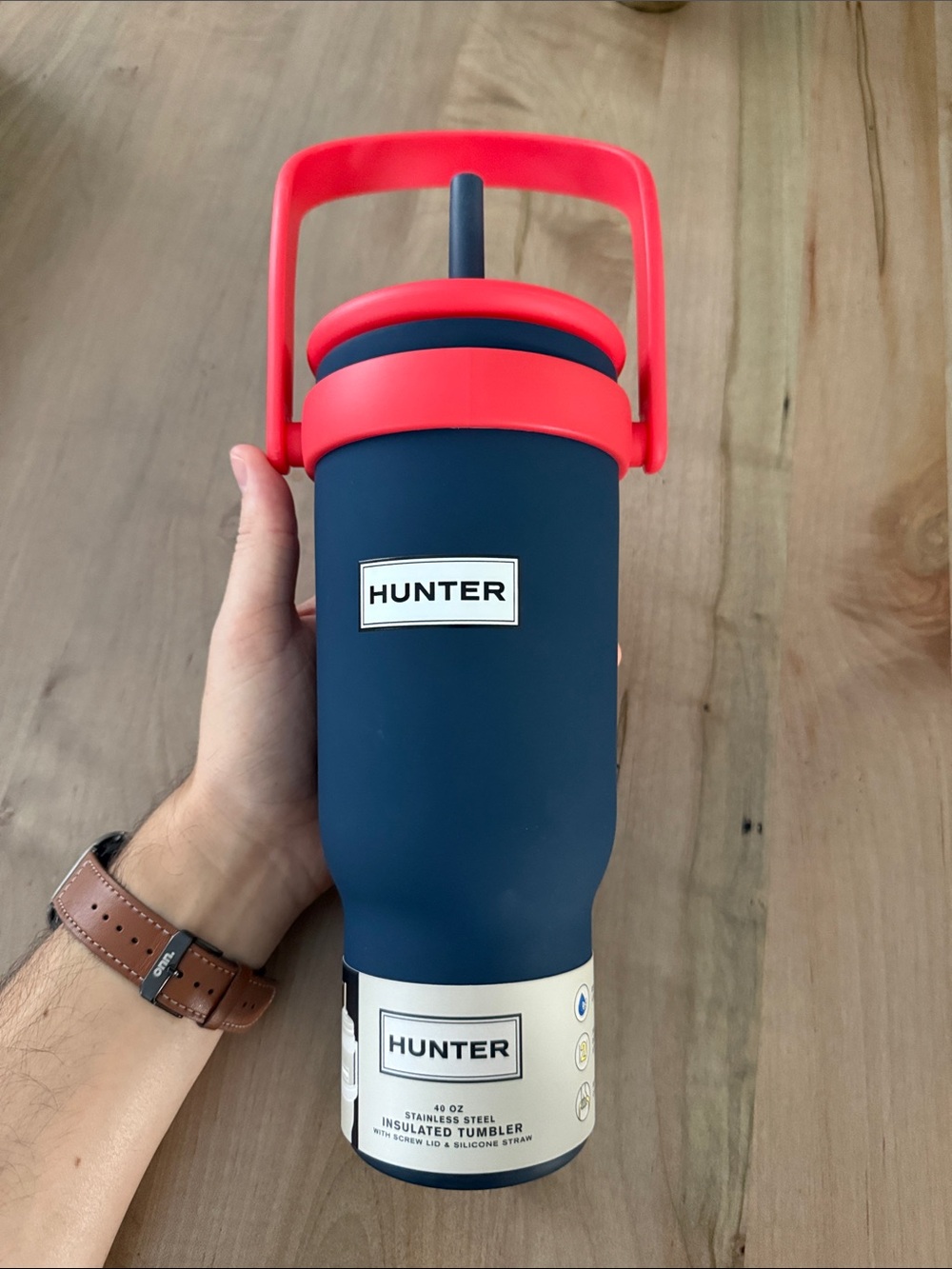 Hunter Navy Insulated Tumbler with Red Handle and Lid